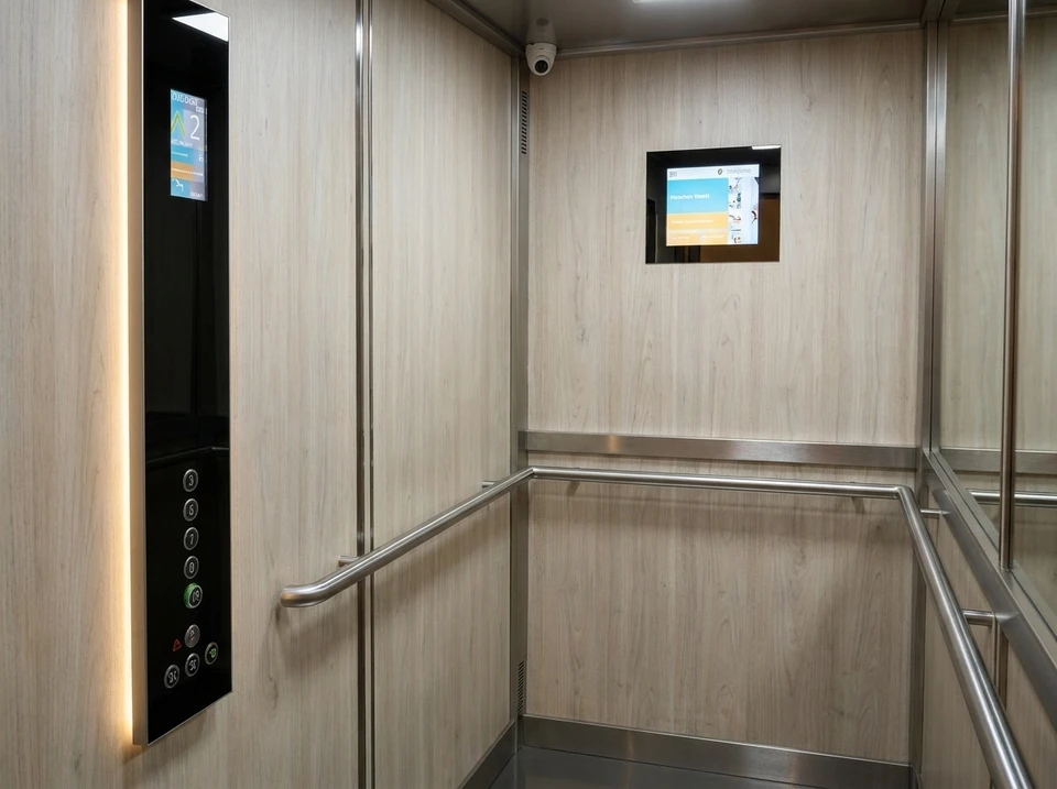 Hall d'entrée moderne d'immeuble de bureaux avec batterie d'ascenseurs